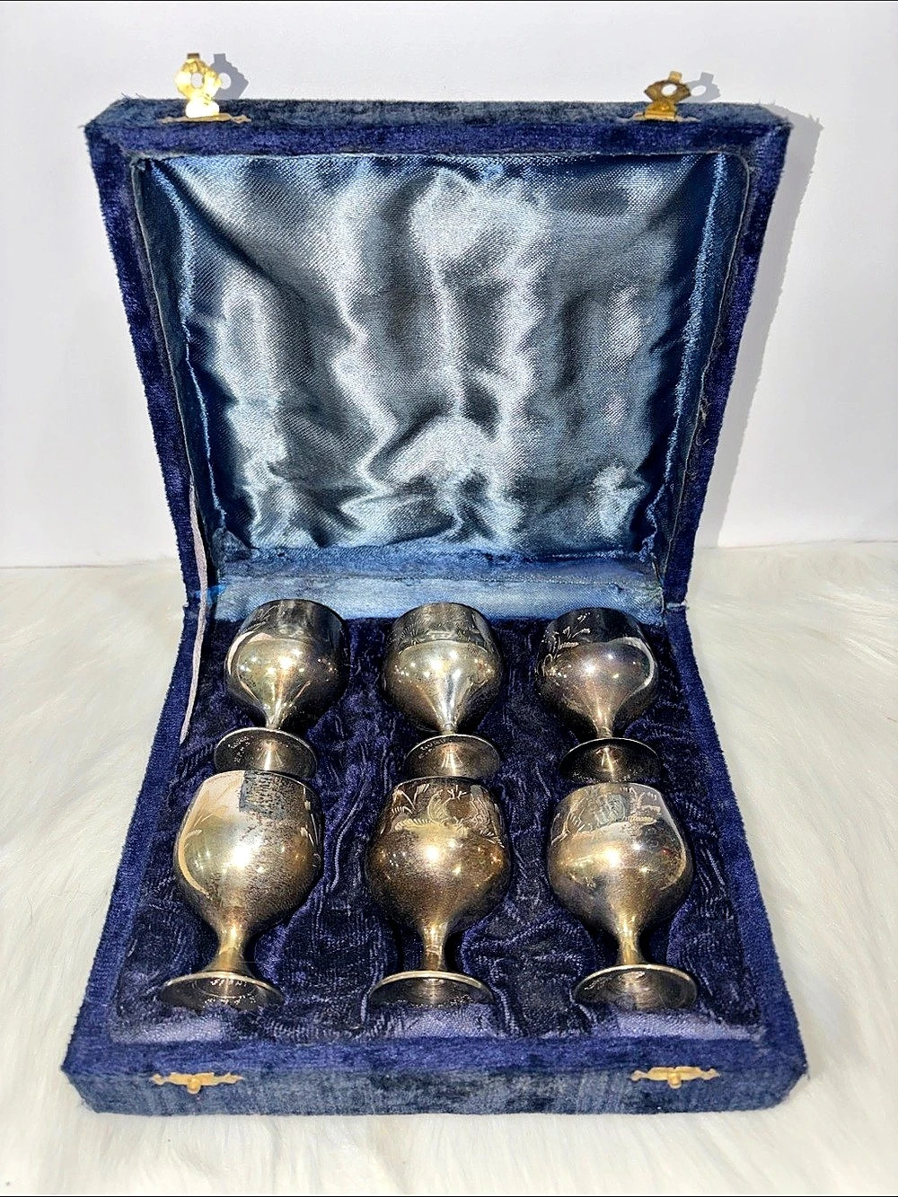 Engraved Silver -Tone Goblet Set in Blue Case